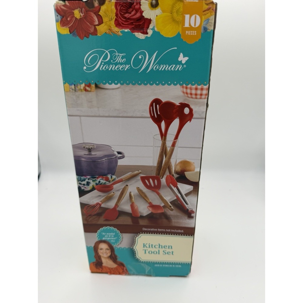 The Pioneer Woman 10 Piece Kitchen Tool Set Red Silicone Wood Handle